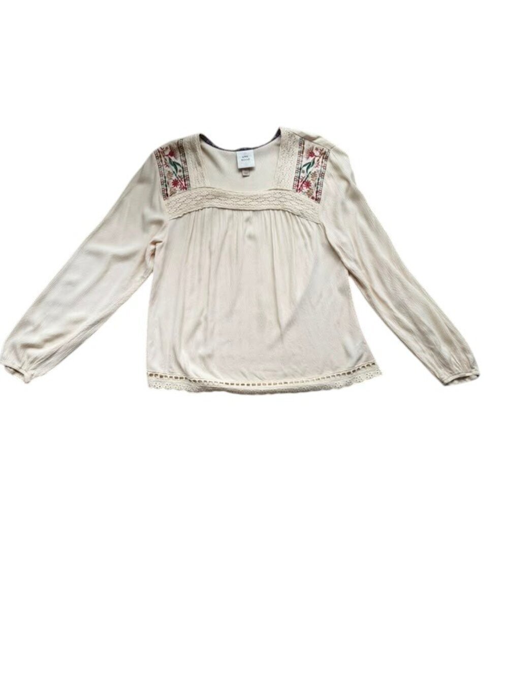 Knox Rose Embroidered Boho Peasant Blouse Womens Small Cream Rayon Lace Top.